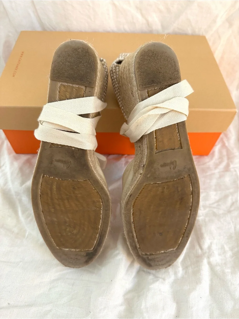 Castaner Cream Canvas Espadrille Wedge Sandals with Ankle Ties